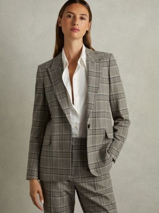 REISS Tamy Checked Slim Fit Suit Blazer in Grey Check ~ women’s single breasted blazers ~ womens smart corporate workwear clothing