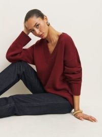 Reformation Jadey Cashmere Oversized V-neck Sweater in Chianti | women’s dark red relaxed fit sweaters