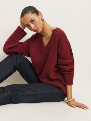 Reformation Jadey Cashmere Oversized V-neck Sweater in Chianti | women’s dark red relaxed fit sweaters