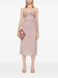 Christopher Esber Vellum Dress in Beige – strapless ruched lace trimmed midi length column dresses