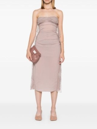 Christopher Esber Vellum Dress in Beige – strapless ruched lace trimmed midi length column dresses