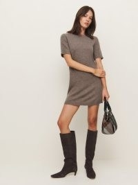 Reformation Bell Cashmere Mini Dress in Cocoa | luxe light brown short sleeve sweater dresses | luxury knitted fashion