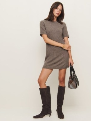 Reformation Bell Cashmere Mini Dress in Cocoa | luxe light brown short sleeve sweater dresses | luxury knitted fashion