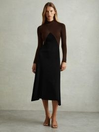 Reiss Hope Colourblock Ribbed Midi Dress in Chocolate/Black / dark brown and black colour block dresses / chic asymmetric clothing / autumn / winter 24 / 25