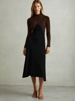 Reiss Hope Colourblock Ribbed Midi Dress in Chocolate/Black / dark brown and black colour block dresses / chic asymmetric clothing / autumn / winter 24 / 25