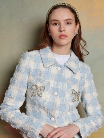 sister jane The Swan Dance Coranto Check Jacket in Baby Blue ~ embellished tweed jackets