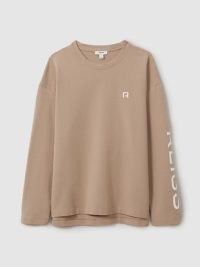 Reiss May Cotton Blend Logo Top in Neutral / women’s long sleeve crew neck relaxed fit tops