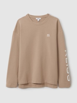 Reiss May Cotton Blend Logo Top in Neutral / women’s long sleeve crew neck relaxed fit tops