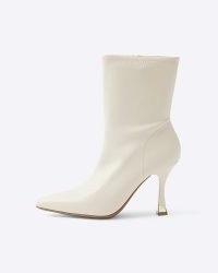 RIVER ISLAND Cream Heeled Sock Boots ~ faux leather side zip boot with pointed toe