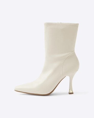 RIVER ISLAND Cream Heeled Sock Boots ~ faux leather side zip boot with pointed toe