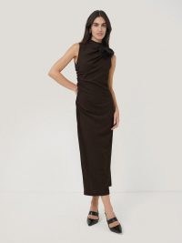 JIGSAW Crinkle Ruched Corsage Dress in Dark Brown – chic sleeveless high neck form fitting occasion dresses