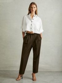 REISS Solene Cropped Cotton Shirt in White ~ women’s chic crop hem relaxed fit shirts