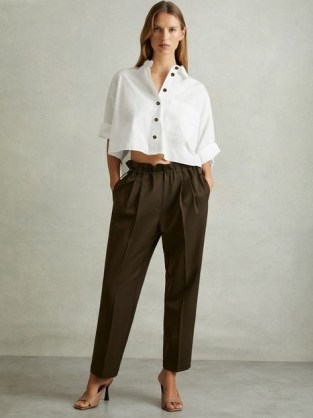 REISS Solene Cropped Cotton Shirt in White ~ women’s chic crop hem relaxed fit shirts