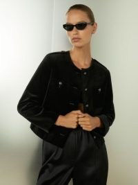 REISS Viola Cropped Velvet Jacket in Black ~ chic plush feel collarless jackets ~ womens luxe clothing