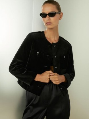 REISS Viola Cropped Velvet Jacket in Black ~ chic plush feel collarless jackets ~ womens luxe clothing