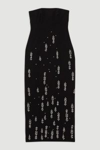 KAREN MILLEN Crystal Embellished Bandeau Midaxi Dress in Black / strapless column dresses with floral embellishments / womens cocktail clothing