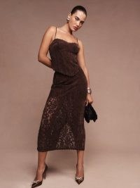 Reformation Tommen Two Piece Dark Mahogany ~ glamorous brown semi sheer clothing sets ~ strappy fitted bodice top and column midi skirt ~ skirts and tops evening occasion co-ords ~ glam party co-ord