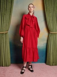 sister jane The Swan Dance Debut Bow Midi Dress in Ruby Red ~ long sleeve high neck vintage style dresses ~ tiered hemline ~ ruffled details