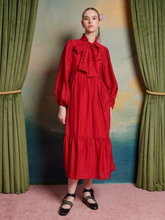 sister jane The Swan Dance Debut Bow Midi Dress in Ruby Red ~ long sleeve high neck vintage style dresses ~ tiered hemline ~ ruffled details