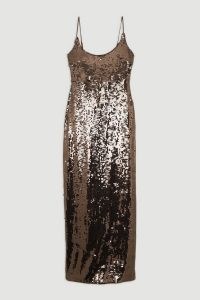 KAREN MILLEN Disc Sequin Strappy Woven Midi Dress in gun metal / sequinned spaghetti strap evening dresses