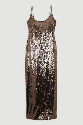 KAREN MILLEN Disc Sequin Strappy Woven Midi Dress in gun metal / sequinned spaghetti strap evening dresses