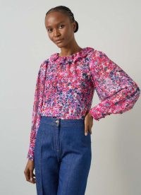 L.K. BENNETT Erin Pink Multi Watercolor Floral Blouse ~ women’s balloon sleeve ruffle collar blouses