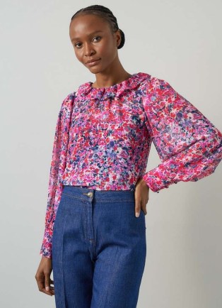 L.K. BENNETT Erin Pink Multi Watercolor Floral Blouse ~ women’s balloon sleeve ruffle collar blouses