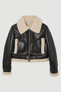 KAREN MILLEN Faux Shearling & Faux Leather Contrast Crop Aviator Jacket in Mono / women’s cropped fake fur trimmed jackets