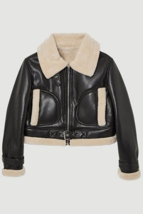 KAREN MILLEN Faux Shearling & Faux Leather Contrast Crop Aviator Jacket in Mono / women’s cropped fake fur trimmed jackets