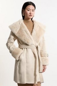 KAREN MILLEN Faux Shearling Collar & Cuff Belted Short Coat / luxe style fake fur winter coats