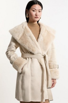 KAREN MILLEN Faux Shearling Collar & Cuff Belted Short Coat / luxe style fake fur winter coats