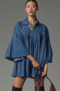 Forever That Girl Katherine Denim Swing Mini Dress ~ blue cotton pleated wide sleeve dresses