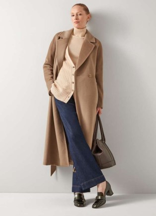 L.K. BENNETT Frances Camel Maxi Wool Coat ~ women’s light brown longline tie waist winter coats