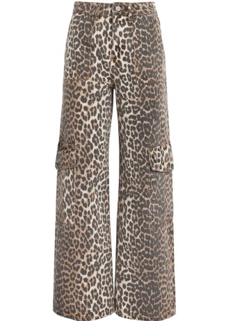 GANNI Angi High Rise Cargo Flare Printed Jeans in Leopard / women’s organic cotton animal print denim side pocket jean