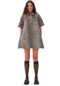 GANNI Leopard Printed Denim Mini Dress / women’s short sleeve animal print A-line dresses