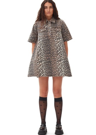 GANNI Leopard Printed Denim Mini Dress / women’s short sleeve animal print A-line dresses