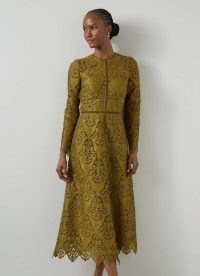 L.K. BENNETT Gracie Moss Green Velvet Trimmed Lace Dress ~ women’s long sleeve flared hem cut out detail occasion dresses