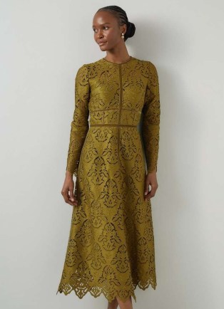 L.K. BENNETT Gracie Moss Green Velvet Trimmed Lace Dress ~ women’s long sleeve flared hem cut out detail occasion dresses