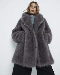 River Island Grey mid length faux fur coat | women’s fluffy winter coats