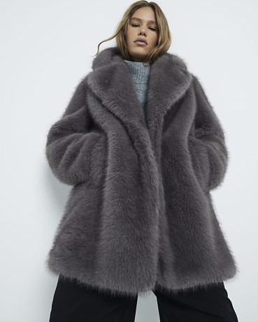 River Island Grey mid length faux fur coat | women’s fluffy winter coats