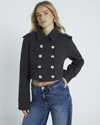 RIVER ISLAND Grey short buttoned military jacket ~ cropped collared button detail jackets ~ women’s utility style outerwear ~ utilitarian fashion