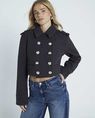 RIVER ISLAND Grey short buttoned military jacket ~ cropped collared button detail jackets ~ women’s utility style outerwear ~ utilitarian fashion