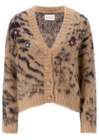 HAYLEY MENZIES Limited Edition Alpaca Jacquard Cardigan in Big Meow Camel / women’s brown and black animal print cardigans / women’s floral detail knitwear