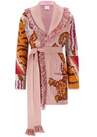 HAYLEY MENZIES Merino Wool Jacquard Short Cardigan in Tibetan Tiger Pink / longline animal print tie waist cardigans