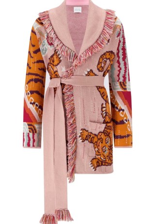 HAYLEY MENZIES Merino Wool Jacquard Short Cardigan in Tibetan Tiger Pink / longline animal print tie waist cardigans