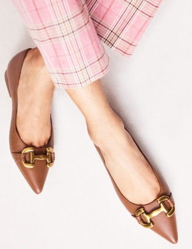 Boden Iris Snaffle Ballet Flat in Tan ~ brown leather pointed toe flats ~ luxe horsebit detail ballerina shoes