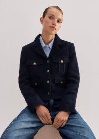 ME AND EM Italian Bouclé Military Crop Jacket in Navy / women’s dark blue textured pocket and gold button detail jackets