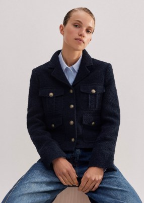 ME AND EM Italian Bouclé Military Crop Jacket in Navy / women’s dark blue textured pocket and gold button detail jackets