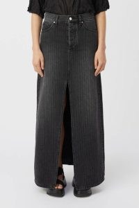 CAMILLA AND MARC Kennedy Denim Maxi Skirt in Soft Black Pinstripe ~ long length front split A-line skirts