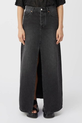 CAMILLA AND MARC Kennedy Denim Maxi Skirt in Soft Black Pinstripe ~ long length front split A-line skirts